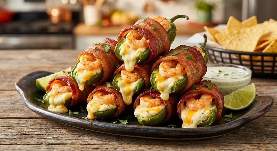 Bacon-wrapped shrimp and cheese jalapeños