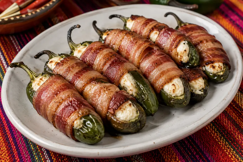 Jalapeños asados con queso crema envueltos en tocino