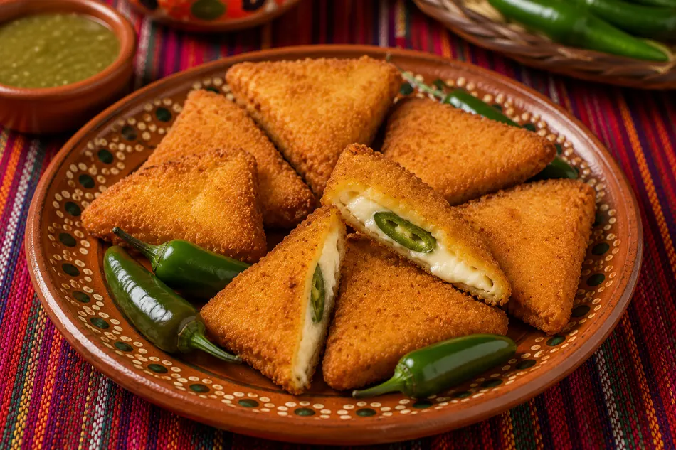 Triangulitos de queso empanizados con chile serrano